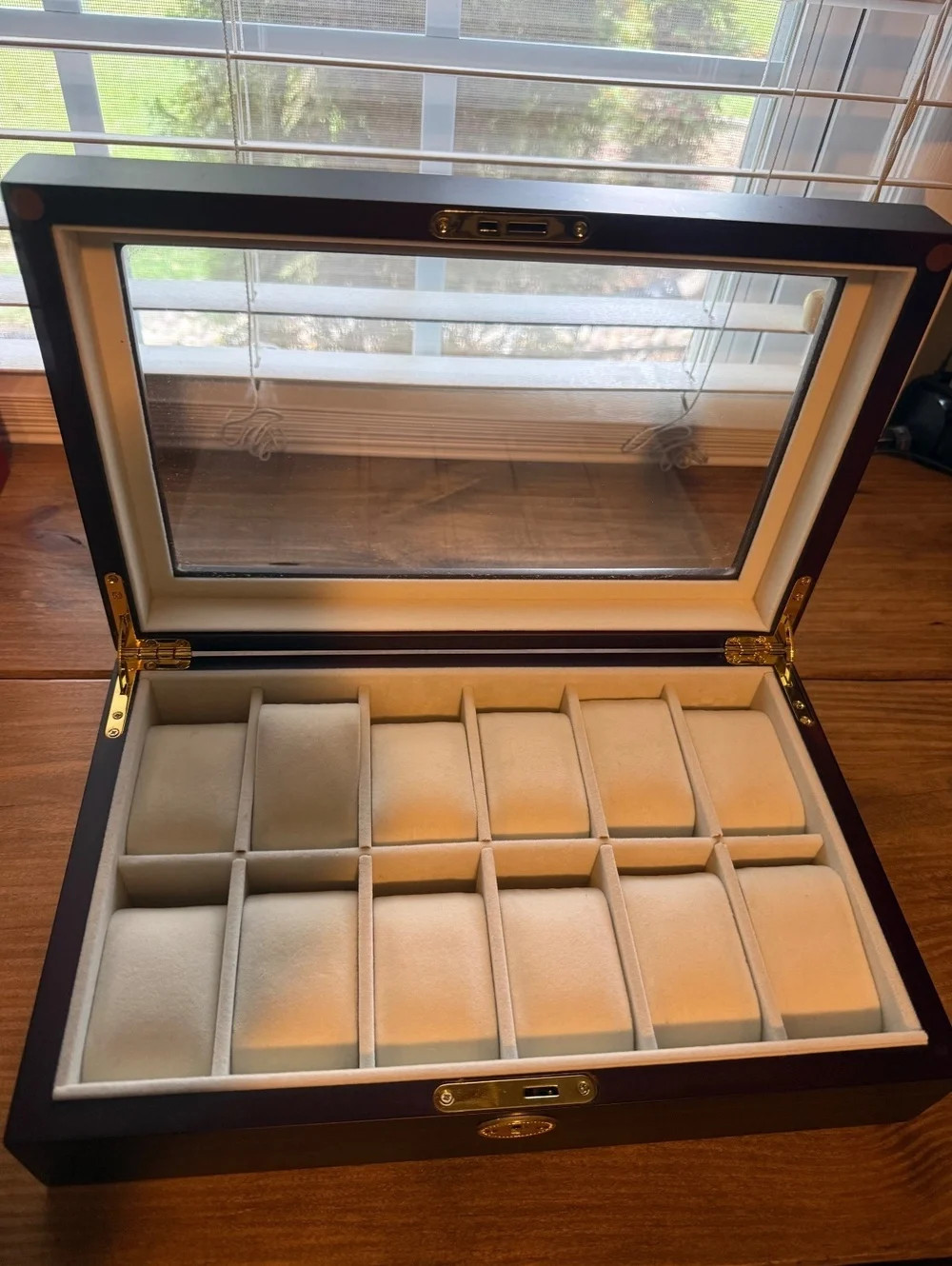 Wooden Watch Storage Box with Glass Lid and Multiple Compartments